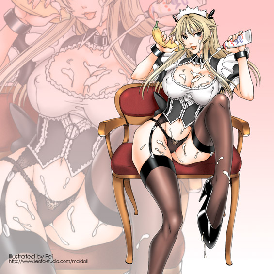 :p blonde_hair breasts corset covered_nipples fei_(maidoll) garter_belt high_heels large_breasts legs lingerie long_hair maid maid_headdress original panties shoes solo thighhighs tongue tongue_out underwear