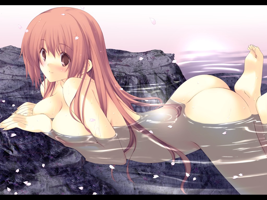 ass barefoot blush breasts brown_eyes cherry_blossoms dead_or_alive feet iizuki_tasuku kasumi_(doa) large_breasts nude onsen solo water