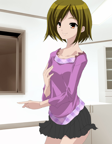 black_skirt brown_eyes brown_hair casual collarbone cowboy_shot hand_on_own_chest indoors long_sleeves lowres miniskirt sasaki_(suzumiya_haruhi) shiikeru short_hair skirt solo standing suzumiya_haruhi_no_yuuutsu