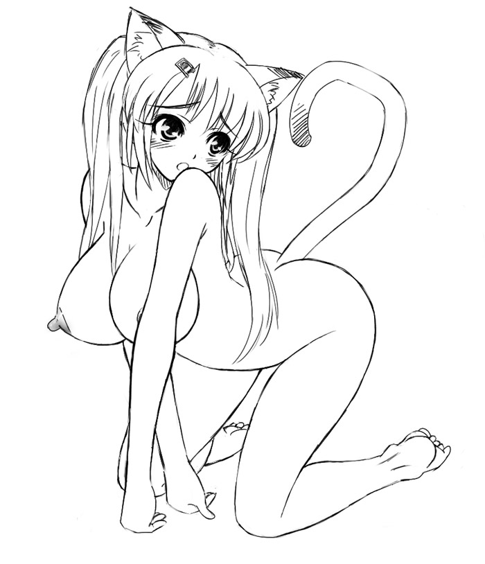 animal_ears barefoot breasts cat_ears copyright_request full_body greyscale himadarou huge_breasts monochrome nude solo tail