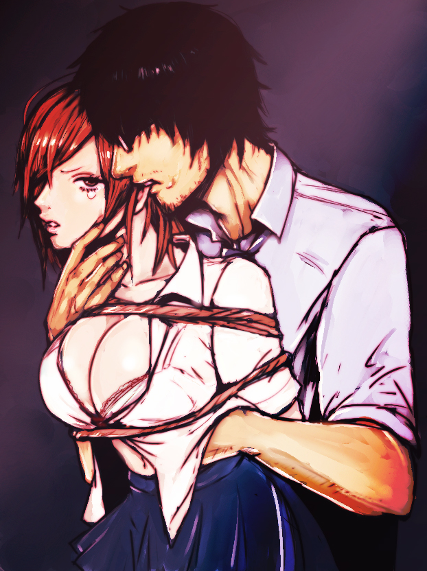 1girl bad_id bad_pixiv_id bdsm biting bondage bound bra breasts cleavage ear_biting forced hand_on_another's_neck huge_breasts igarashi_ran_(igatz) lingerie neck_grab original red_hair rope tears underwear