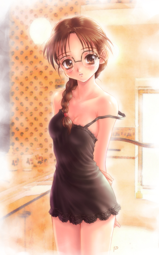 arms_behind_back bare_shoulders bathroom black_dress blush braid breasts brown_eyes brown_hair chemise cleavage collarbone cowboy_shot dress glasses goto_p hair_over_shoulder hand_on_own_arm hoshina_tomoko indoors lamp long_hair looking_at_viewer medium_breasts microdress over-rim_eyewear parted_lips semi-rimless_eyewear shampoo_bottle signature single_braid sleeveless sleeveless_dress small_breasts solo steam strap_slip to_heart wall window
