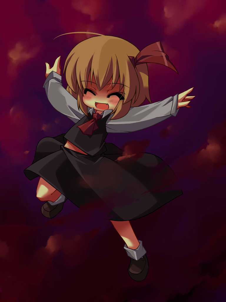 blonde_hair blush chibi closed_eyes fangs kokka_han outstretched_arms ribbon rumia short_hair smile solo spread_arms touhou