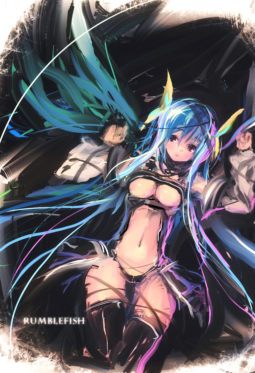asymmetrical_wings blue_hair bow breasts curvy dizzy guilty_gear highres large_breasts midriff red_eyes refeia solo tail thighhighs underboob wings