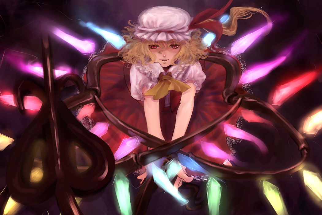 blonde_hair flandre_scarlet glowing glowing_wings hat kito_(coyo) laevatein looking_down open_mouth ponytail red_eyes ribbon short_hair skirt smile solo touhou wavy_hair wings