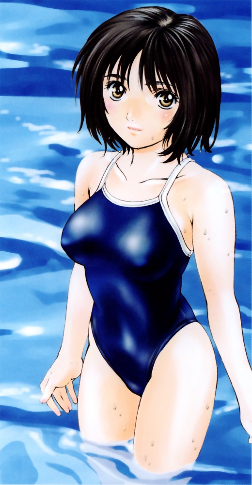 kobayashi_hiyoko official_art oku-sama_wa_joshi_kousei one-piece_swimsuit onohara_asami school_swimsuit short_hair solo swimsuit water yellow_eyes