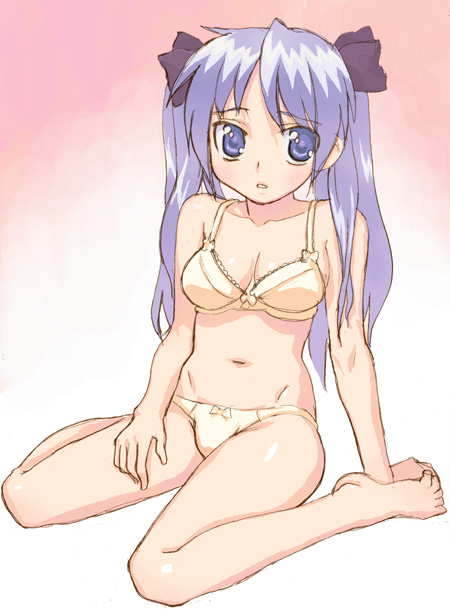 barefoot bra breasts hiiragi_kagami hirose_(mokiki) lingerie long_hair lucky_star medium_breasts panties purple_eyes purple_hair sitting solo twintails underwear underwear_only wariza