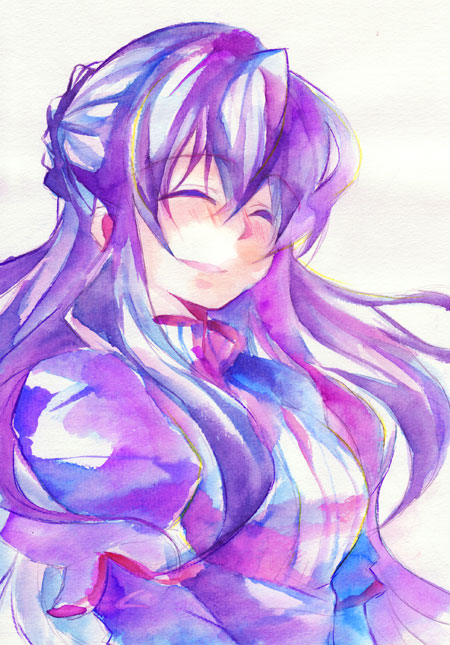 ^_^ bad_id bad_pixiv_id breasts closed_eyes closed_mouth gundam gundam_00 large_breasts long_hair marina_ismail misaki_kozue purple_hair sidelocks simple_background smile solo striped upper_body vertical_stripes white_background