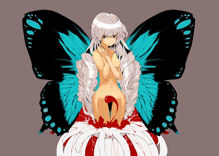 blue_wings breasts butterfly_wings copyright_request drill_hair makino_(pixiv) nipples nude small_breasts solo wings