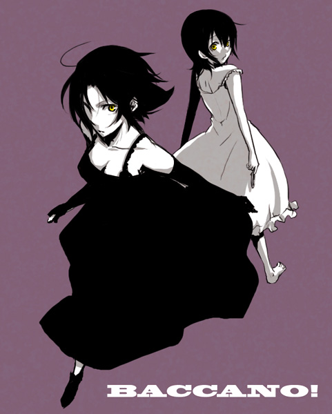 ahoge artist_request baccano! back-to-back barefoot breasts chane_laforet cleavage collarbone copyright_name dress elbow_gloves full_body gloves looking_at_viewer looking_back medium_breasts monochrome multiple_girls ponytail riza_laforet short_hair standing toes