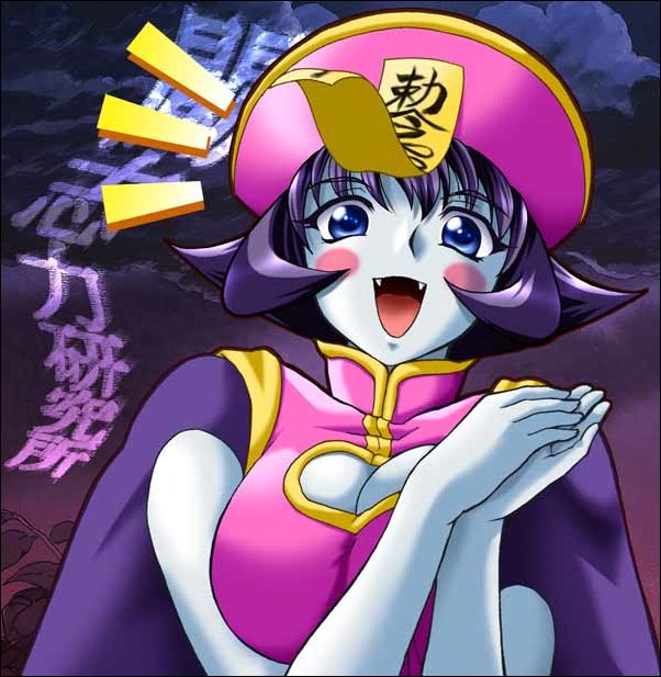 1girl blue_eyes blue_skin blush breasts bust capcom chinese_clothes cleavage_cutout darkstalkers fang female flipped_hair hands_together happy hat jiangshi lei_lei ofuda open_mouth purple_hair short_hair solo vampire_(game) vampire_savior zombie