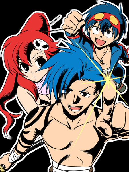 2boys :d bandages bare_shoulders bikini_top blue_hair breasts cleavage clenched_hands collarbone einfach hair_ornament kamina large_breasts long_hair looking_at_viewer multiple_boys open_mouth pointing pointing_at_viewer pointing_up ponytail red_eyes shirtless simon skull_hair_ornament smile tareme tengen_toppa_gurren_lagann yoko_littner