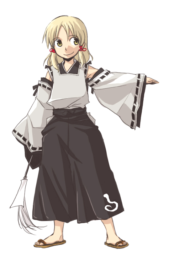 blonde_hair detached_sleeves gohei japanese_clothes moriya_suwako outstretched_arm rex_k sandals solo touhou