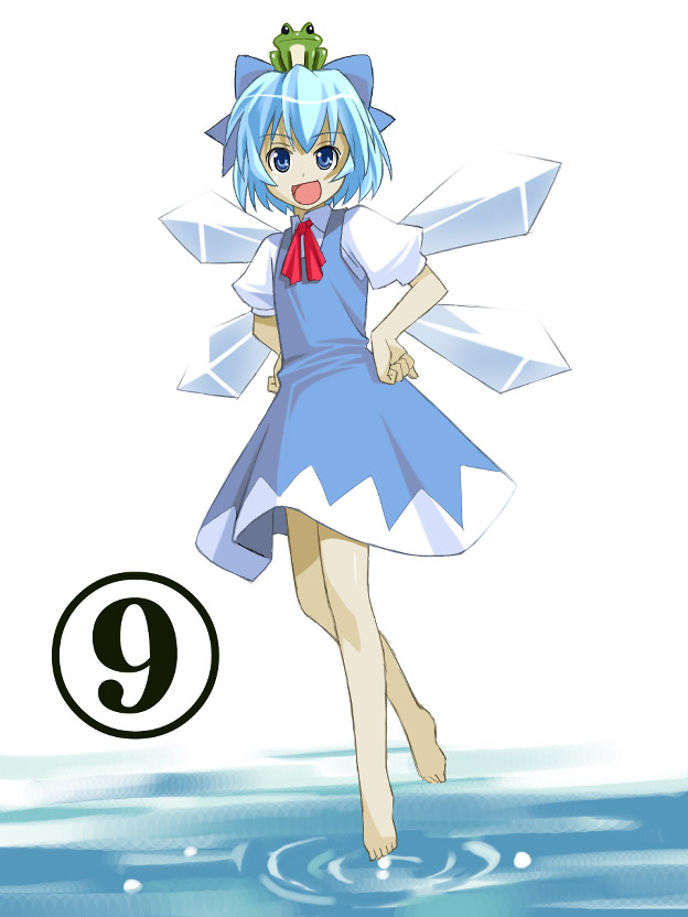 1girl barefoot blue_eyes blue_hair bow cirno feet flying frog hands_on_hips object_on_head smile solo touhou umekichi water wings