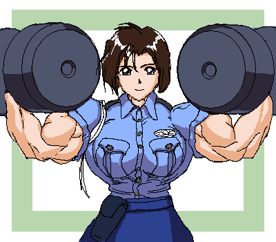 breasts brown_eyes brown_hair extreme_muscles holster huge_breasts lowres muscle police police_uniform policewoman short_hair skirt strong tsujimoto_natsumi uniform weight_lifting weightlifting weights you're_under_arrest you're_under_arrest