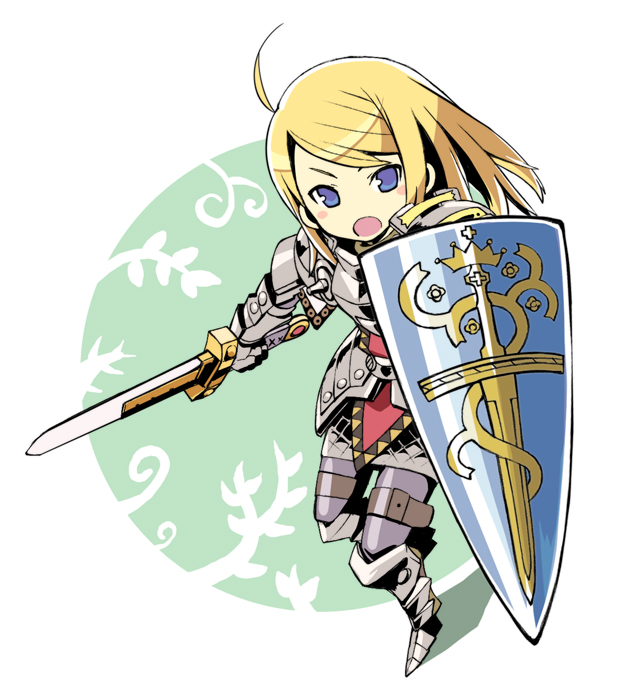 ahoge armor blonde_hair blue_eyes chan_co full_body paladin_(sekaiju) sekaiju_no_meikyuu shield solo standing sword weapon