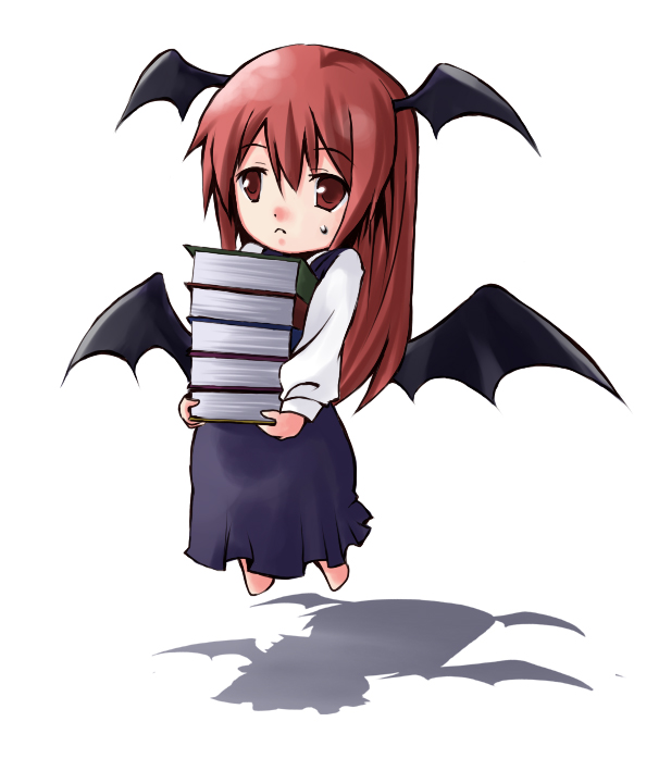 atsumi_haru bat_wings book chibi flying head_wings koakuma long_hair red_eyes red_hair shadow solo touhou wings