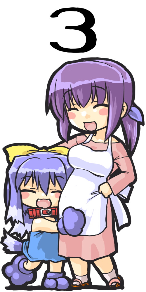 ^_^ apron bad_id bad_pixiv_id blue_hair bow chibi closed_eyes collar dd_(ijigendd) fangs gloves hair_ribbon happy hug inu-t mama-t multiple_girls nt-tan open_mouth os-tan paw_gloves paw_shoes paws ponytail purple_hair ribbon shoes tail yellow_bow