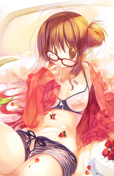 bed bra breasts cherry copyright_request cream food fruit glasses hair_bun hanpen leaning_back lingerie long_hair looking_at_viewer medium_breasts navel nipples open_clothes open_shirt pillow see-through shirt solo strawberry underwear