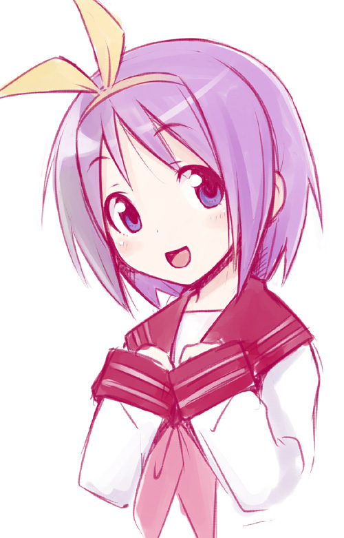 bad_id bad_pixiv_id face ha-ru hair_ribbon happy hiiragi_tsukasa lucky_star pink_neckwear purple_hair ribbon ryouou_school_uniform school_uniform serafuku short_hair sketch solo