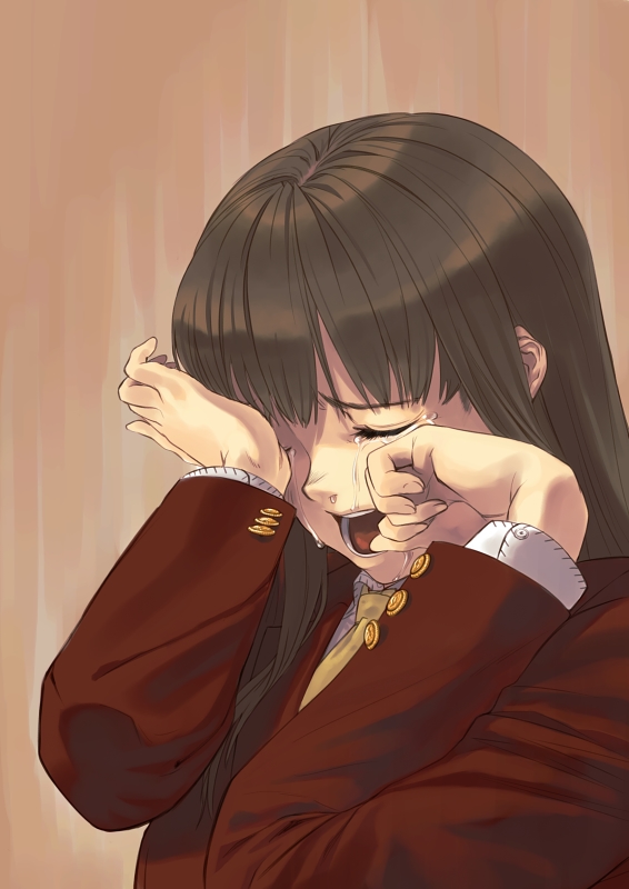 bad_id bad_pixiv_id brown_hair buttons closed_eyes crying hands long_hair original shimotsuki_eight solo tears wiping_tears