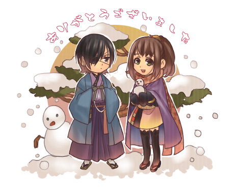 1girl chibi copyright_request hatake_michi japanese_clothes lowres scarf snow snowing snowman