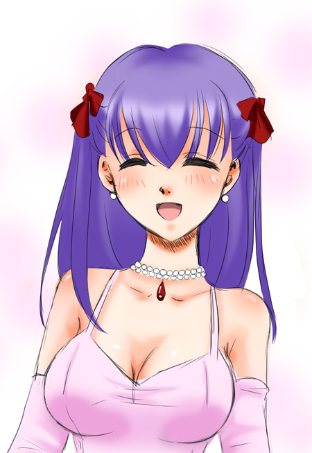 :d ^_^ alternate_costume alternate_hairstyle bangs bare_shoulders blush bow breasts cleavage closed_eyes dress earrings elbow_gloves fate/stay_night fate_(series) formal gloves gown hair_bow happy jewelry large_breasts long_hair matou_sakura necklace open_mouth pearl pearl_necklace pendant pink_background pink_dress pink_gloves purple_hair sinko sketch smile solo taut_clothes taut_dress two_side_up upper_body