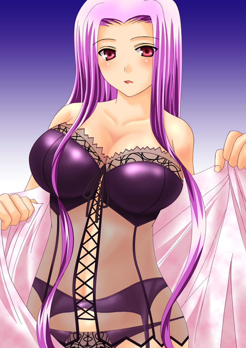 bare_shoulders breasts bustier cleavage collarbone fate/hollow_ataraxia fate/stay_night fate_(series) highres kizaki_yuuri large_breasts lingerie long_hair open_mouth panties purple_hair red_eyes rider solo underwear