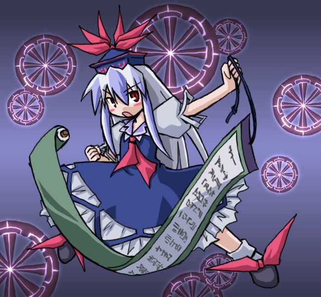 black_footwear blue_hair blush_stickers clenched_hand frilled_skirt frills full_body hat kamishirasawa_keine kugelschreiber long_hair looking_at_viewer multicolored_hair open_mouth outstretched_arm puffy_short_sleeves puffy_sleeves red_eyes scroll shoes short_sleeves simple_background skirt socks solo standing touhou white_hair white_legwear