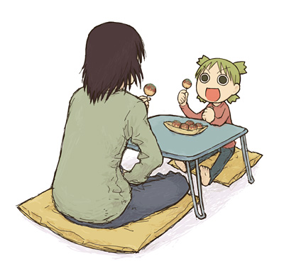 1girl :d back barefoot brown_hair child clenched_hand eating emoncake. empty_eyes father_and_daughter food green_eyes green_hair holding holding_food koiwai_yotsuba long_sleeves looking_at_another lowres mr_koiwai open_mouth pants pillow quad_tails shirt simple_background sitting smile soles t-shirt table white_background yotsubato!