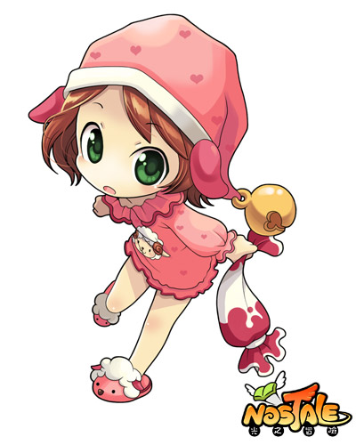 artist_request bell chibi child green_eyes lowres nostale pajamas slippers solo