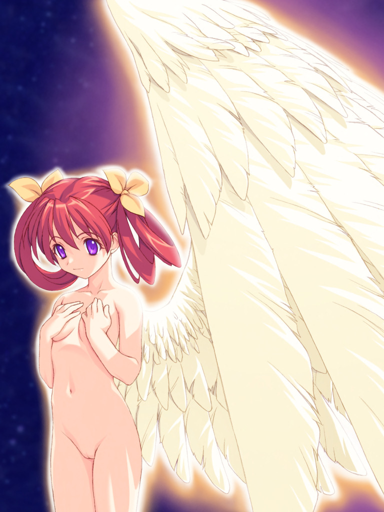angel angel_wings breasts copyright_request hair_ribbon hair_rings miyama_amehiko nude purple_eyes red_hair ribbon small_breasts solo twintails wings