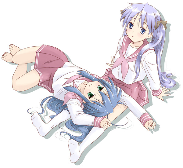 arms_up blush hiiragi_kagami izumi_konata kneehighs lap_pillow long_sleeves looking_at_viewer lucky_star lying mole mole_under_eye multiple_girls neckerchief on_back pink_eyes pink_hair pink_neckwear pleated_skirt red_skirt ryouou_school_uniform sailor_collar school_uniform serafuku simple_background skirt takahashi_mugi white_background white_legwear