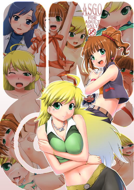 :d ahoge arm_up belt blonde_hair blue_eyes blue_hair blush bracelet breast_squeeze breasts brown_hair character_name cleavage collarbone cum cum_in_mouth earrings facial flat_chest green_eyes heart hoshii_miki idolmaster idolmaster_(classic) idolmaster_1 index_finger_raised jewelry kisaragi_chihaya large_breasts long_hair looking_at_viewer midriff multiple_girls navel necklace nipples nose_blush number one_eye_closed open_mouth rating ribbon scrunchie shirt skirt sleeveless smile star takatsuki_yayoi tongue tongue_out twintails zanzi