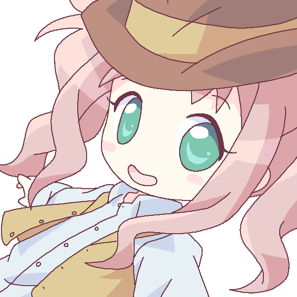 :d brown_hat buttons chibi close-up collared_shirt el_cazador_de_la_bruja face green_eyes hat lirio long_sleeves looking_at_viewer mirai_(sugar) open_mouth pink_hair shirt sidelocks smile solo vest white_shirt