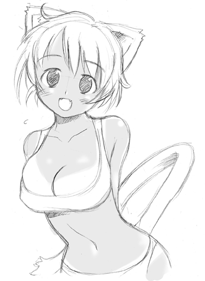 :d animal_ears arms_behind_back bikini bikini_tan breasts cat_ears cat_tail cleavage copyright_request fangs graphite_(medium) greyscale large_breasts midriff monochrome navel open_mouth sketch smile solo swimsuit taguchi_makoto tail tan tanline traditional_media