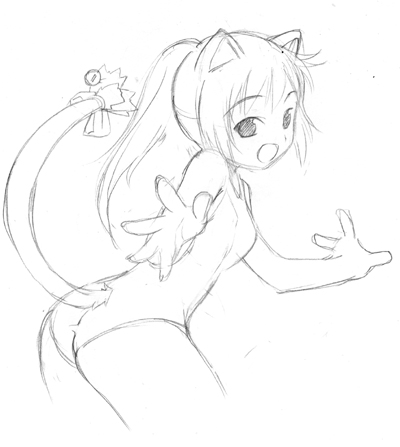 animal_ears bell cat_ears cat_tail copyright_request graphite_(medium) greyscale jingle_bell lowres monochrome one-piece_swimsuit ponytail sketch solo swimsuit taguchi_makoto tail traditional_media