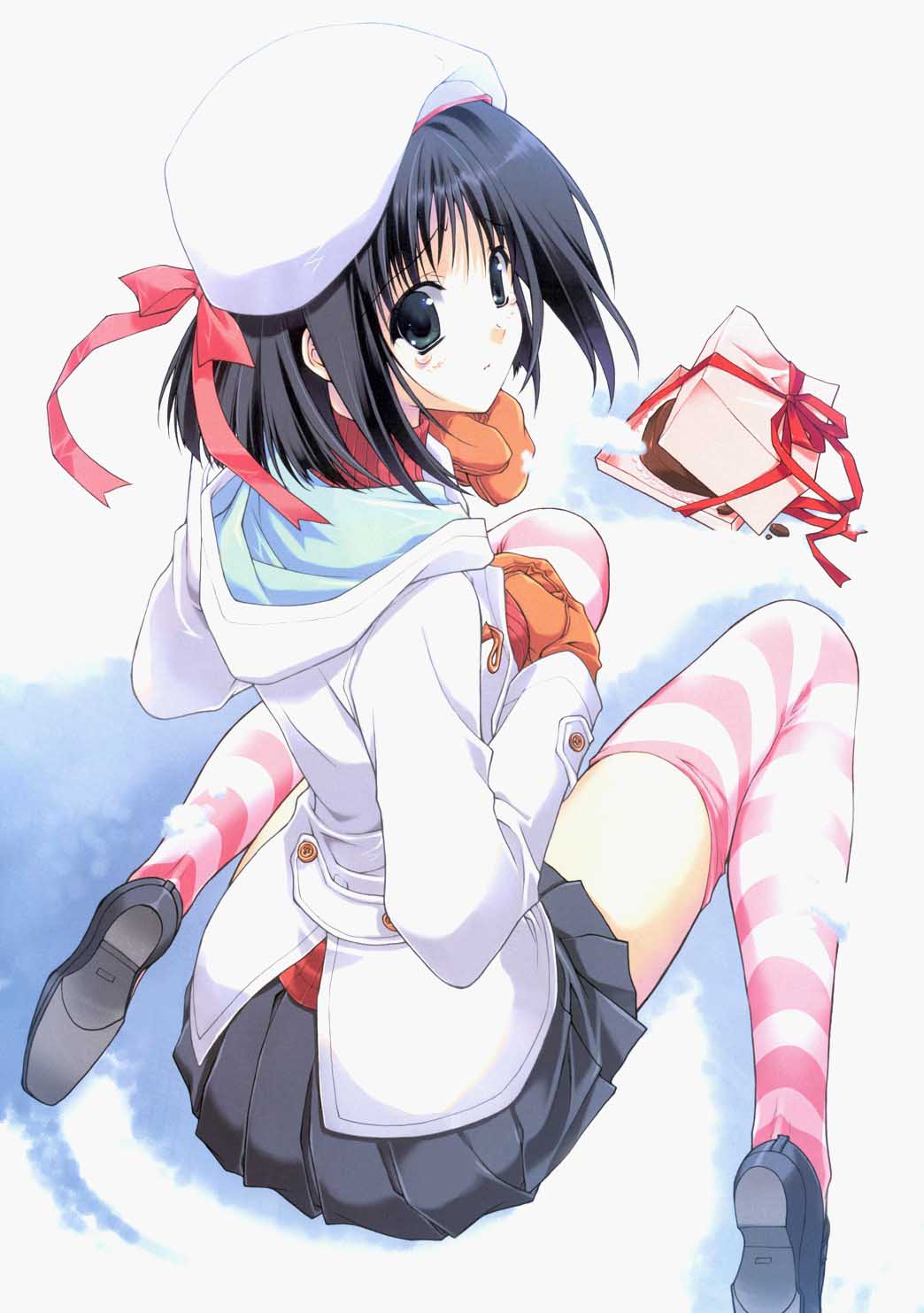 beret black_hair bow buttons chocolate copyright_request damaged_gift from_behind hat highres looking_back mittens pleated_skirt sad scan scarf shoes short_hair sitting skirt snow solo striped striped_legwear suzuhira_hiro tears thighhighs valentine wariza