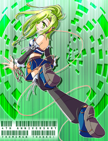 abstract_background artist_request bare_shoulders beatmania beatmania_iidx blue_skirt detached_sleeves from_behind full_body green_eyes green_hair kitami_erika long_hair lowres miniskirt ponytail running shoe_soles shoes short_hair skirt solo