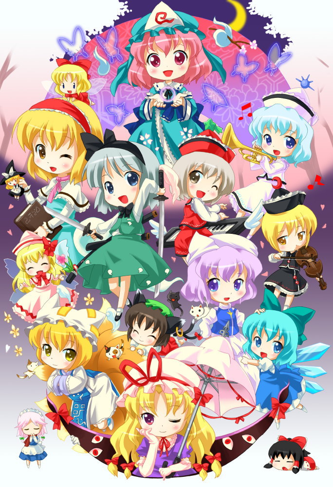 :d ;d alice_margatroid animal_ears black_hair blonde_hair blue_dress blue_eyes blue_hair book bow braid brown_hair bug butterfly cat cat_ears cat_tail chen cherry_blossoms chibi cirno closed_eyes crescent_moon crystal detached_sleeves doll dress dual_wielding earrings elbow_gloves everyone eyes flower fox_tail gap ghost gloves green_dress hairband hakurei_reimu hand_on_another's_head hands_in_opposite_sleeves hat holding holding_weapon ice ice_wings insect instrument izayoi_sakuya jewelry katana keyboard_(instrument) kirisame_marisa konpaku_youmu konpaku_youmu_(ghost) lavender_hair letty_whiterock lily_white long_hair long_sleeves looking_at_viewer lunasa_prismriver lyrica_prismriver maid merlin_prismriver michii_yuuki moon multiple_girls multiple_tails night night_sky one_eye_closed open_mouth perfect_cherry_blossom petals pillow_hat pink_eyes pink_hair plant puffy_short_sleeves puffy_sleeves purple_eyes saigyouji_yuyuko saigyouji_yuyuko's_fan_design shanghai_doll shoes short_hair short_sleeves silver_hair sky smile socks sword tabard tail tassel touhou tree triangular_headpiece trumpet twin_braids umbrella very_long_hair violin weapon white_dress wide_sleeves wings witch_hat yakumo_ran yakumo_yukari yellow_eyes