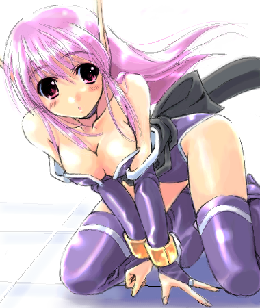 all_fours artist_request bangle bare_shoulders blush boots bracelet breasts cleavage detached_sleeves fingerless_gloves gloves jewelry large_breasts leotard long_hair lowres nei obi phantasy_star phantasy_star_ii pink_eyes pink_hair pointy_ears purple_footwear purple_leotard sash solo thighhighs tiles v_arms white_background