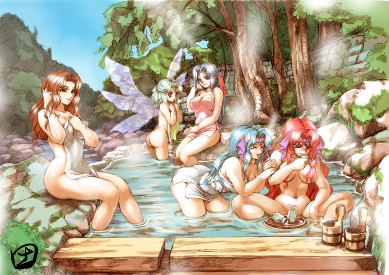 bath breasts chaos_gear covering drinking esmerril hisahiko impossible_towel large_breasts multiple_girls naked_towel nude nude_cover onsen seireiki_rayblade super_robot_wars super_robot_wars_the_lord_of_elemental towel water wings ymir_ear_clasio