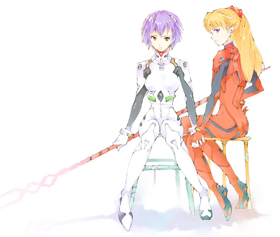 artist_request ass ayanami_rei bangs blue_eyes blue_hair bodysuit bracer breasts expressionless from_side full_body gloves hair_ornament hand_on_hip holding holding_hands holding_weapon knees_together_feet_apart lance_of_longinus long_hair looking_at_viewer multiple_girls neon_genesis_evangelion number orange_hair pilot_suit plugsuit polearm profile red_eyes shadow short_hair simple_background sitting small_breasts souryuu_asuka_langley stool turtleneck weapon white_background white_bodysuit