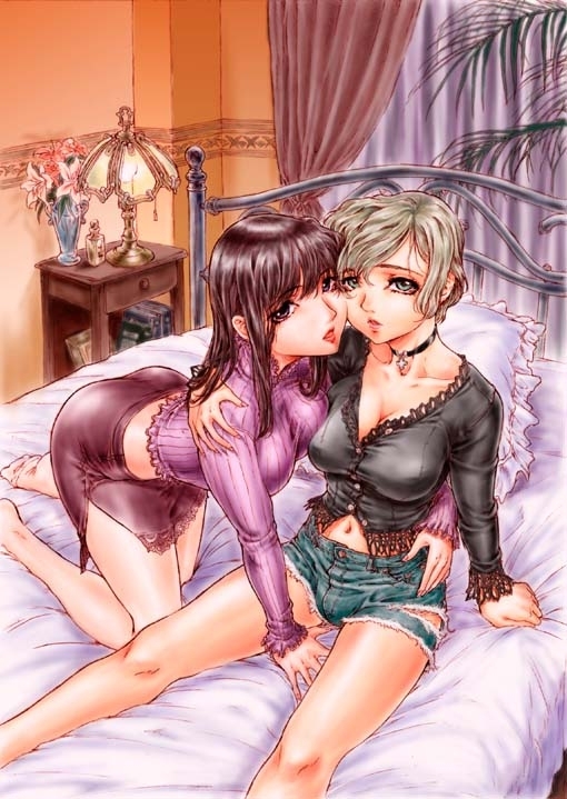 artist_request ass bed blonde_hair breasts brown_eyes brown_hair choker copyright_request green_eyes large_breasts long_hair multiple_girls pantyhose short_hair yuri