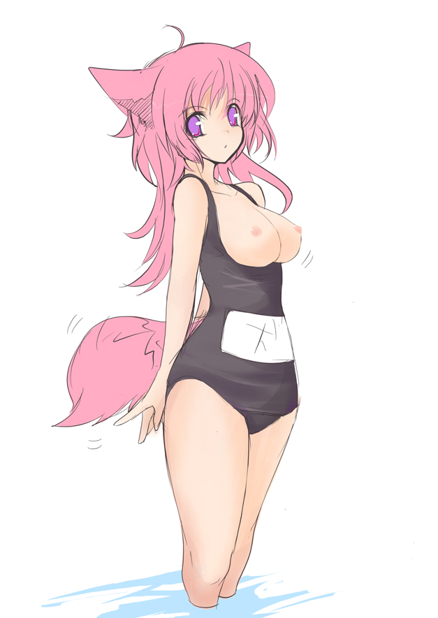 animal_ears black_school_swimsuit breasts copyright_request large_breasts name_tag one-piece_swimsuit pink_hair school_swimsuit shijou_sadafumi solo swimsuit tail
