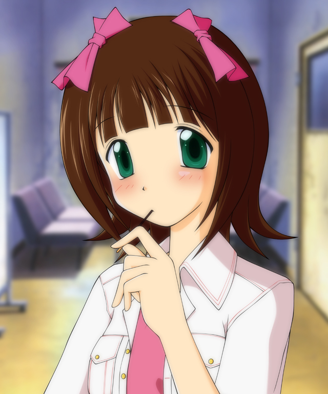 amami_haruka blush brown_hair chair collar door eating ebihara_kyousuke food green_eyes idolmaster idolmaster_(classic) idolmaster_1 indoors jacket long_sleeves looking_at_viewer mouth_hold open_clothes open_jacket pocky shirt solo t-shirt table tareme upper_body