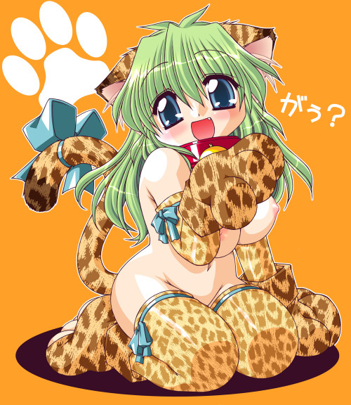 animal_ears breasts cat_ears collar copyright_request futaba_morishita gloves green_hair huge_breasts nipples solo tail thighhighs