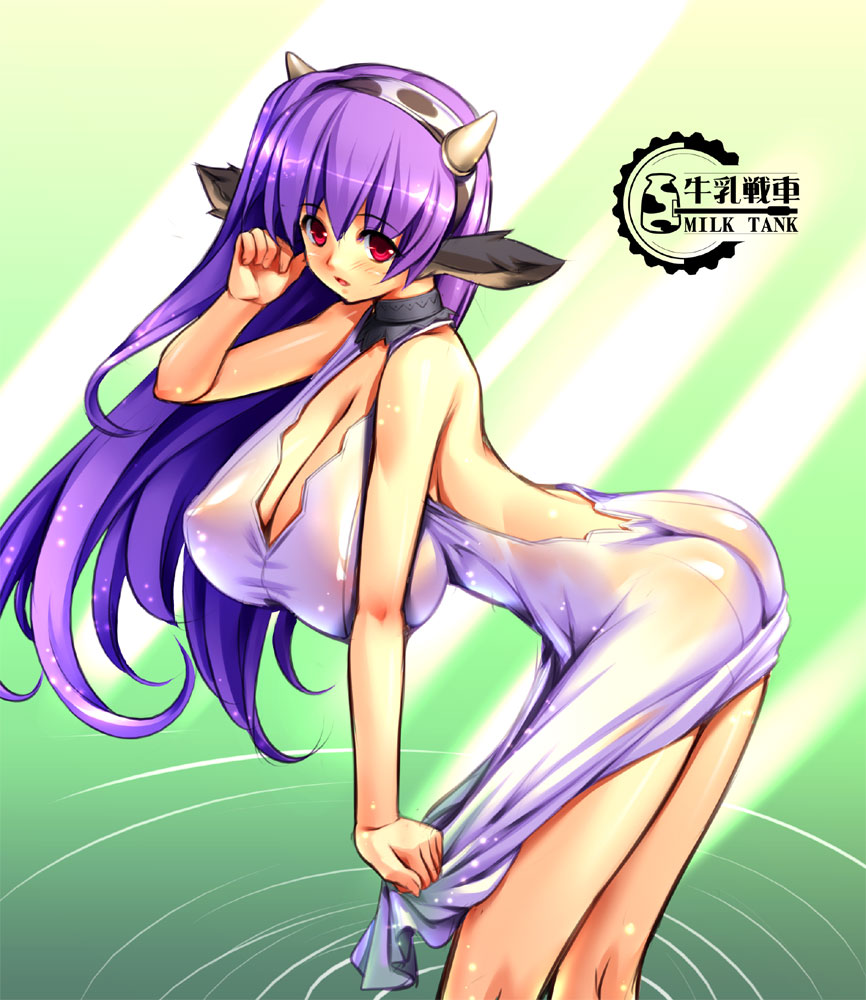 animal_ears arin breasts cow_ears cow_girl gunner-l horns huge_breasts long_hair pangya purple_hair red_eyes see-through solo wet wet_clothes