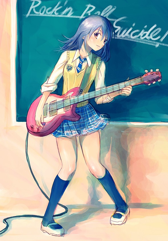 black_hair brown_eyes chalkboard classroom guitar indoors instrument original osamu school_uniform short_hair solo