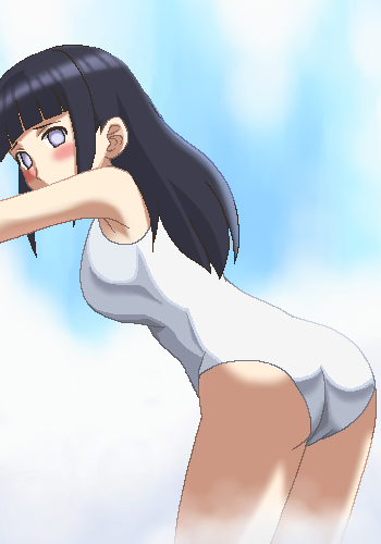 armpits ass awa bangs black_hair blue_sky blunt_bangs blush breasts cloud cloudy_sky covered_mouth cowboy_shot day from_side furrowed_eyebrows grey_eyes hand_up hyuuga_hinata large_breasts leaning_forward long_hair looking_at_viewer looking_to_the_side lowres naruto_(series) naruto_shippuuden oekaki one-piece_swimsuit outdoors shiny shiny_hair sky solo swimsuit white_swimsuit